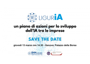 Locandina “LigurIA” che annuncia un evento (13 marzo, Genova) su un piano di sviluppo dell’intelligenza artificiale per le imprese.