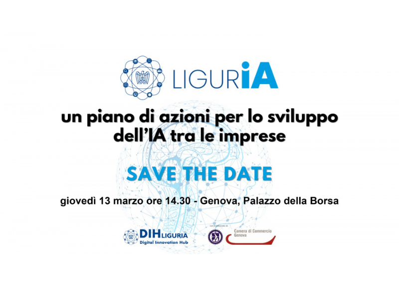 Locandina “LigurIA” che annuncia un evento (13 marzo, Genova) su un piano di sviluppo dell’intelligenza artificiale per le imprese.