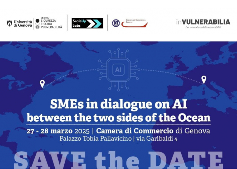 Locandina dell’evento “SMEs in dialogue on AI” (27–28 marzo 2025, Genova) sul confronto internazionale tra PMI sull’intelligenza artificiale.