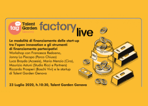 Locandina “Factory Live” di Talent Garden Genova, workshop su finanziamento startup, con illustrazioni e testo.
