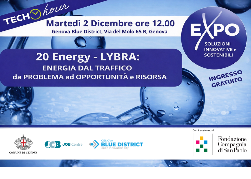 Locandina del evento LYBRA su energia dal traffico. Grafica blu con elementi tecnologici e indicazione “EXPO”.