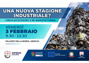 Locandina dell'evento su economia circolare e re-manufacturing. Immagine di una grande pila di rifiuti industriali su sfondo cielo.