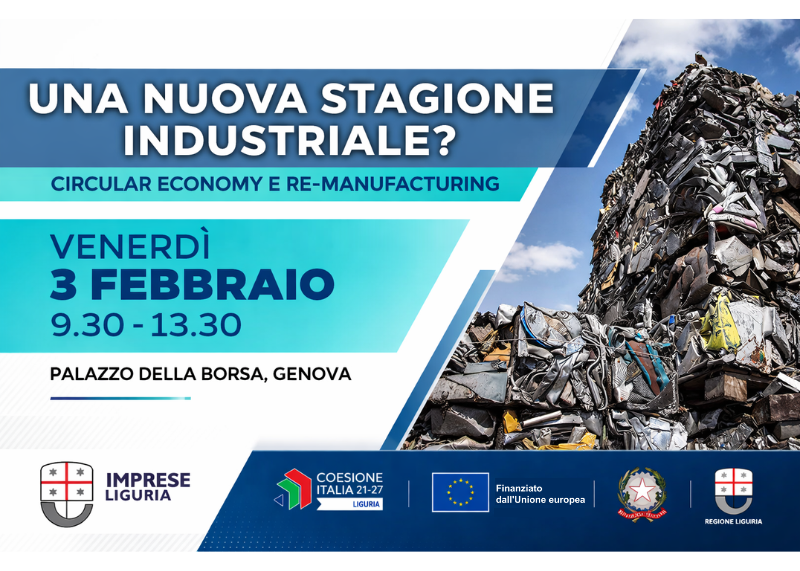 Locandina dell'evento su economia circolare e re-manufacturing. Immagine di una grande pila di rifiuti industriali su sfondo cielo.