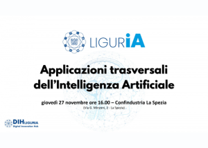 Locandina “LigurIA” che annuncia un evento (27 novembre, La Spezia) sulle applicazioni trasversali dell'Intelligenza Artificiale