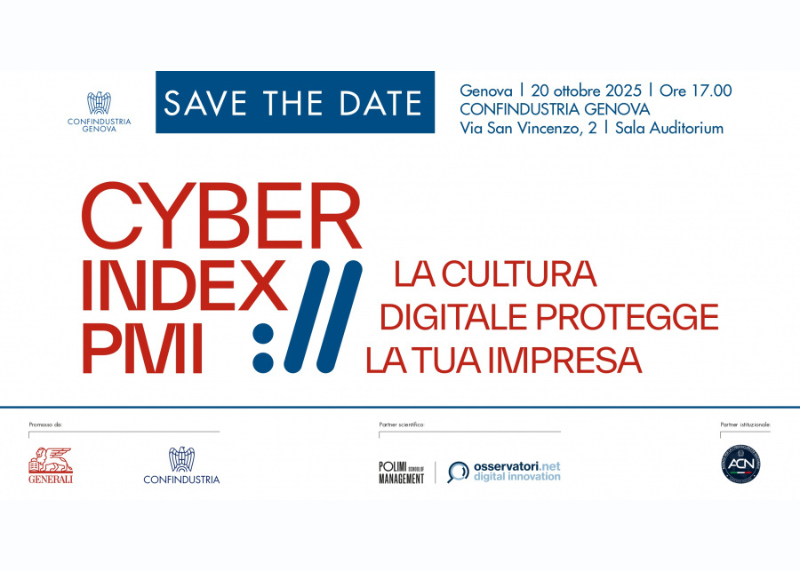 Locandina dell’evento “Cyber Index PMI” (20 ottobre 2025, Genova) sulla cultura digitale e la sicurezza informatica nelle imprese.