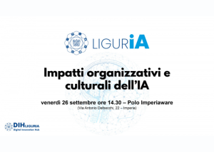 Locandina “LigurIA” che annuncia un evento (26 settembre, Imperia) sugli impatti organizzativi e culturali dell'IA.