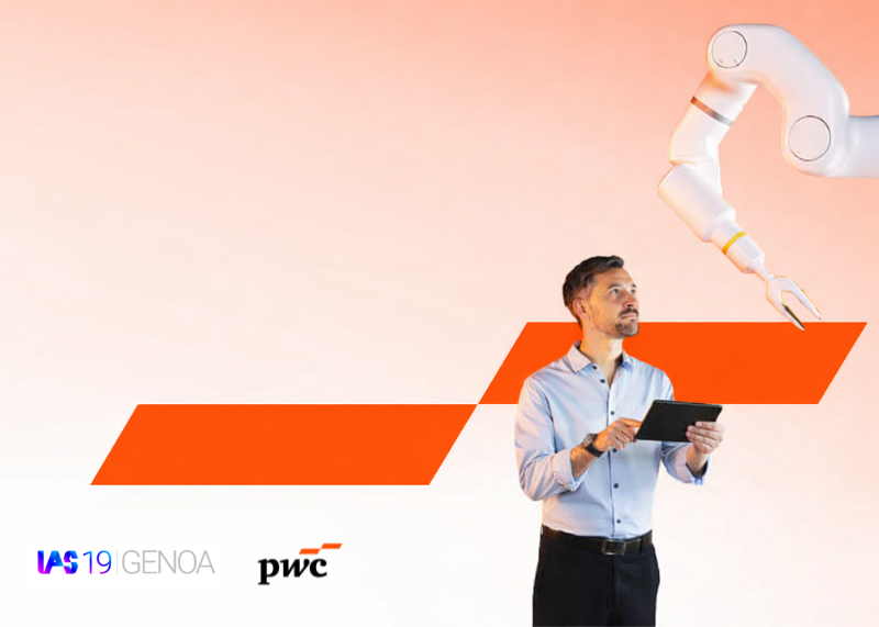 Immagine promozionale con un uomo che tiene un tablet e guarda un braccio robotico e loghi IAS19 Genova e PwC.