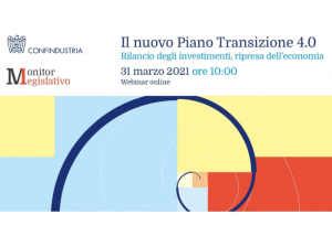 Locandina webinar “Il nuovo Piano Transizione 4.0” con testo informativo e grafica astratta colorata.