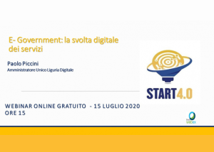 Locandina di webinar START 4.0 su E-Government, con testo informativo e logo.