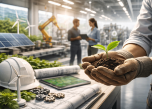 Mani che tengono una piantina in un contesto industriale con elementi di energia rinnovabile e sostenibilità.