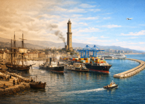 Immagine del porto di Genova tra passato e presente, con navi storiche e moderne a confronto.