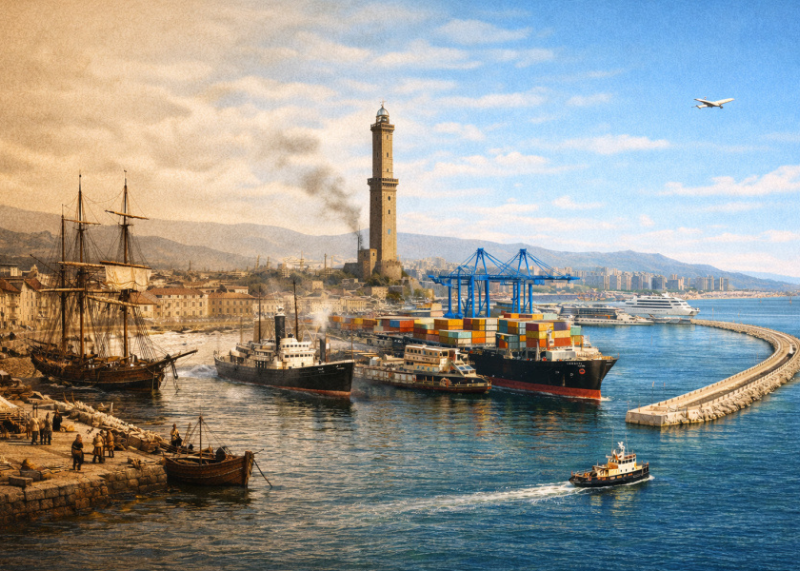 Immagine del porto di Genova tra passato e presente, con navi storiche e moderne a confronto.