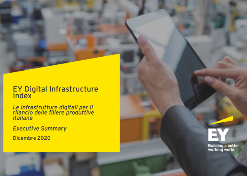 Immagine con persona che usa un tablet in ambiente industriale, con riquadro giallo informativo e logo EY sovrapposti.