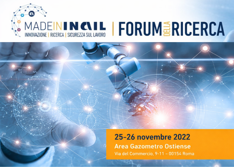 Locandina del Forum della Ricerca INAIL con grafica tecnologica e braccio robotico su sfondo digitale blu.