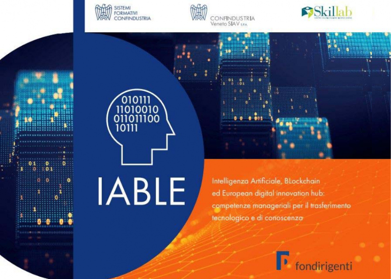 Locandina del progetto IABLE con grafica digitale e rete tecnologica, dedicata a intelligenza artificiale, blockchain e innovazione digitale.