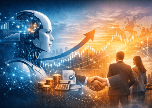 Illustrazione di intelligenza artificiale e finanza con robot, grafici e crescita economica. Stretta di mano tra persone su sfondo di città.