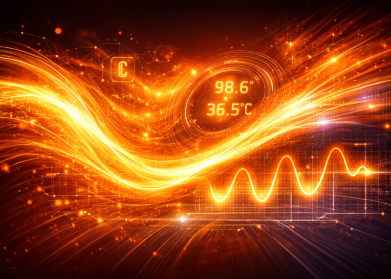 Grafica sull’ingegneria termica con flussi di calore, dati di temperatura e onde energetiche.