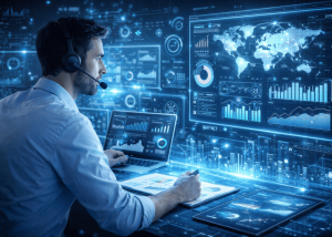 Professionista davanti a schermi digitali con dati e grafici in un contesto tecnologico avanzato.