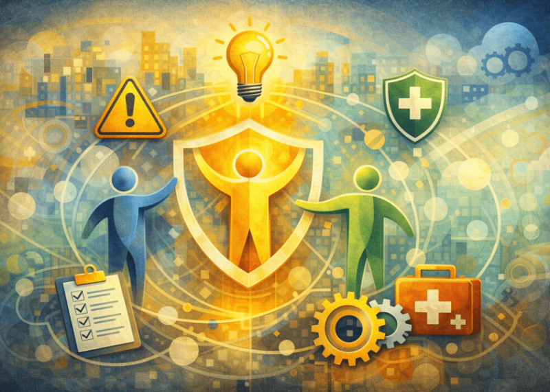 Grafica sulla sicurezza con figure stilizzate, simboli di protezione e prevenzione.