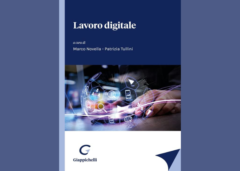 Copertina libro “Lavoro digitale” con immagine di mano e icone tecnologiche.