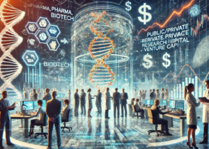 Illustrazione decorativa sul settore biotech e life sciences con DNA, dati e ricercatori.