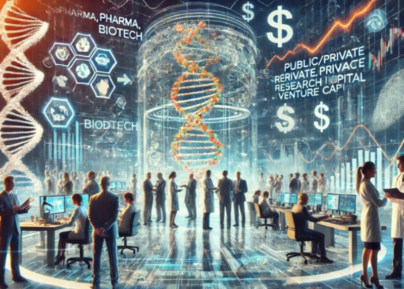 Illustrazione decorativa sul settore biotech e life sciences con DNA, dati e ricercatori.