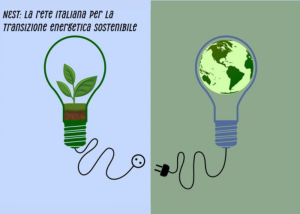Grafica con lampadine simboliche e scritta “NEST: la rete italiana per la transizione energetica sostenibile”.