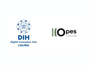 Immagine con loghi DIH Digital Innovation Hub Liguria e Opes Risorse su sfondo chiaro.
