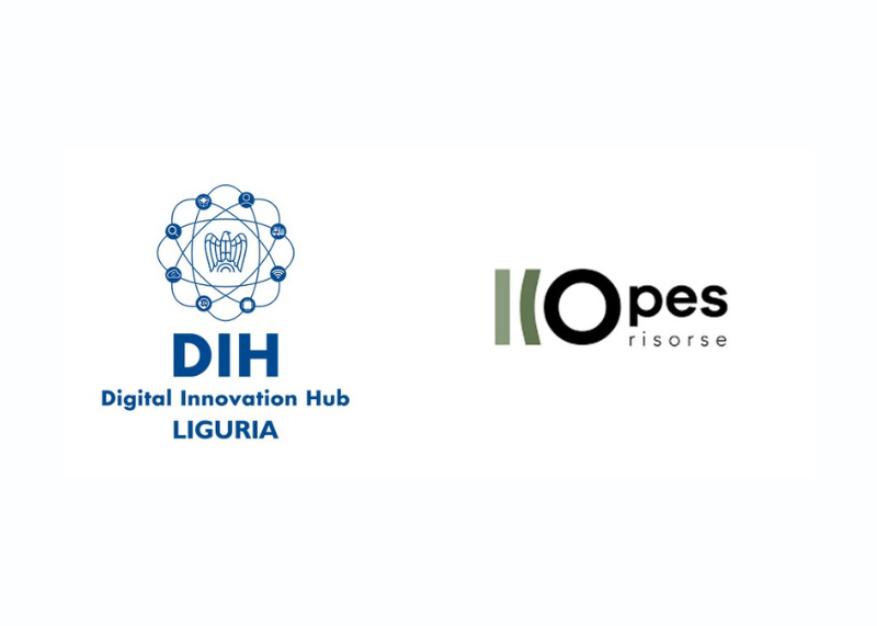 Immagine con loghi DIH Digital Innovation Hub Liguria e Opes Risorse su sfondo chiaro.