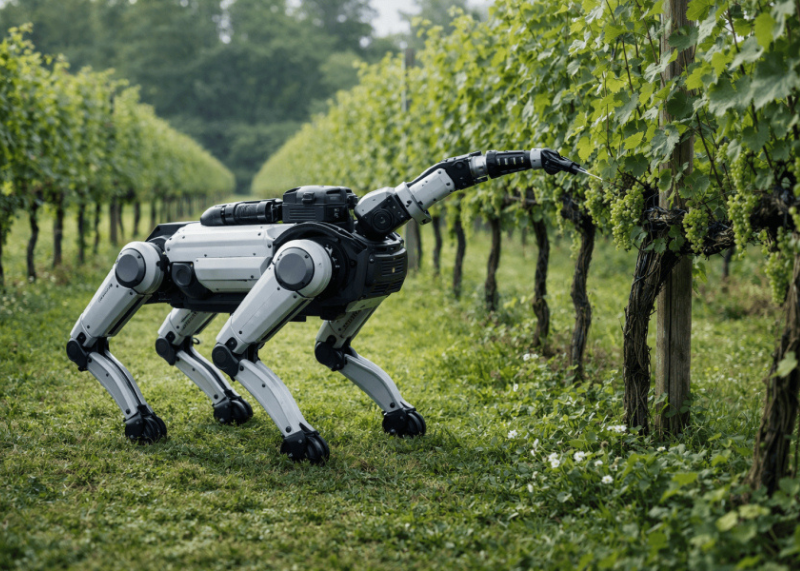 Robot agricolo tra filari di vigneto. Braccio robotico che raccoglie uva.