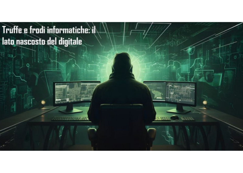 Figura davanti a più monitor in ambiente digitale con scritta “Truffe e frodi informatiche: il lato nascosto del digitale”.