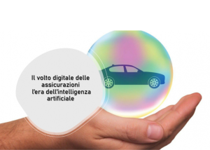 Mano che sostiene una sfera con un’auto stilizzata e scritta “Il volto digitale delle assicurazioni: l’era dell’intelligenza artificiale”.