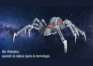 Ragno robotico nello spazio stellato. Scritta “Bio Robotica: quando la natura ispira la tecnologia”.