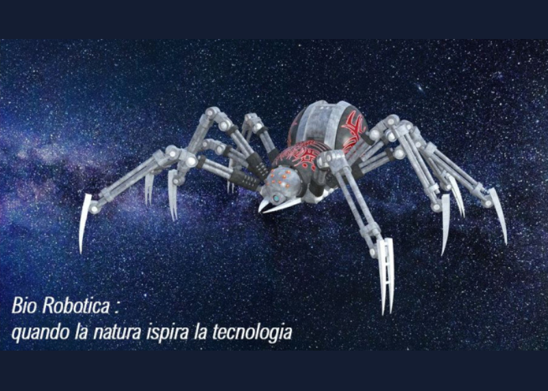 Ragno robotico nello spazio stellato. Scritta “Bio Robotica: quando la natura ispira la tecnologia”.