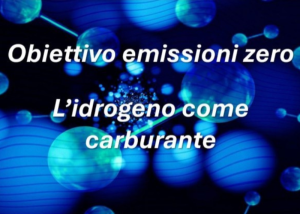 Grafica con molecole blu e testo: ‘Obiettivo emissioni zero – L’idrogeno come carburante