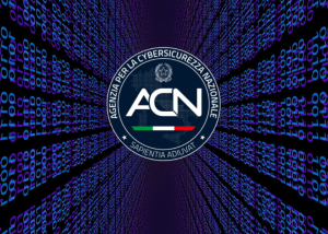 Logo dell’Agenzia per la Cybersicurezza Nazionale (ACN) su sfondo digitale con codici informatici.