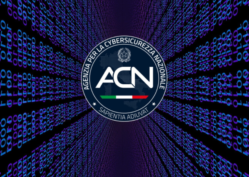 Logo dell’Agenzia per la Cybersicurezza Nazionale (ACN) su sfondo digitale con codici informatici.