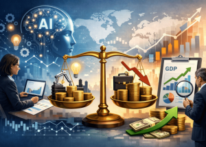 Grafica su AI e scelte finanziarie con bilancia, dati economici e simboli di crescita.