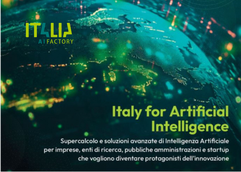 Mappa digitale dell’Italia con luci e connessioni. Presente il logo “IT4LIA AI Factory” e un testo sull’intelligenza artificiale.