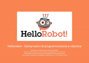 Locandina “HelloRobot” per campi estivi di programmazione e robotica, con testo su sfondo arancione.