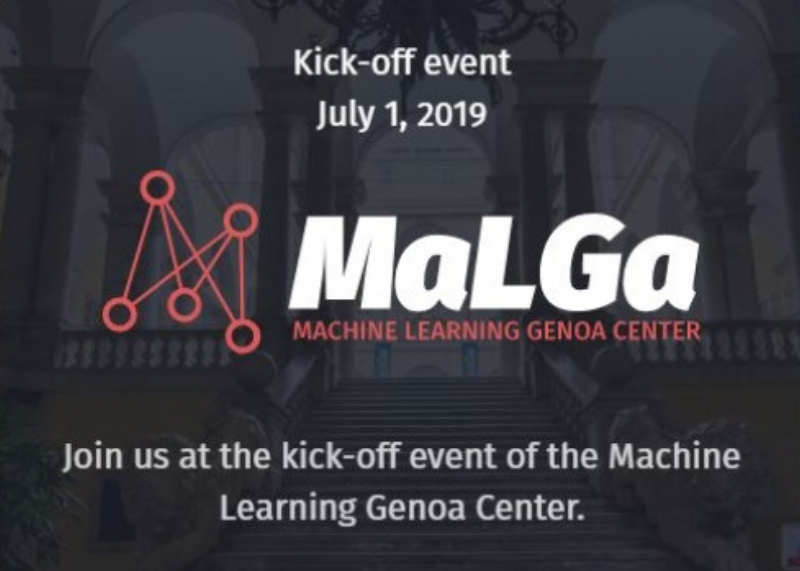 Locandina dell’evento di apertura “MaLGa – Machine Learning Genoa Center”, con testo su immagine di Università.