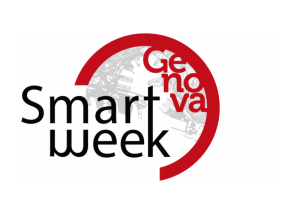 Logo “Genova Smart Week” con grafica circolare rossa su sfondo chiaro.