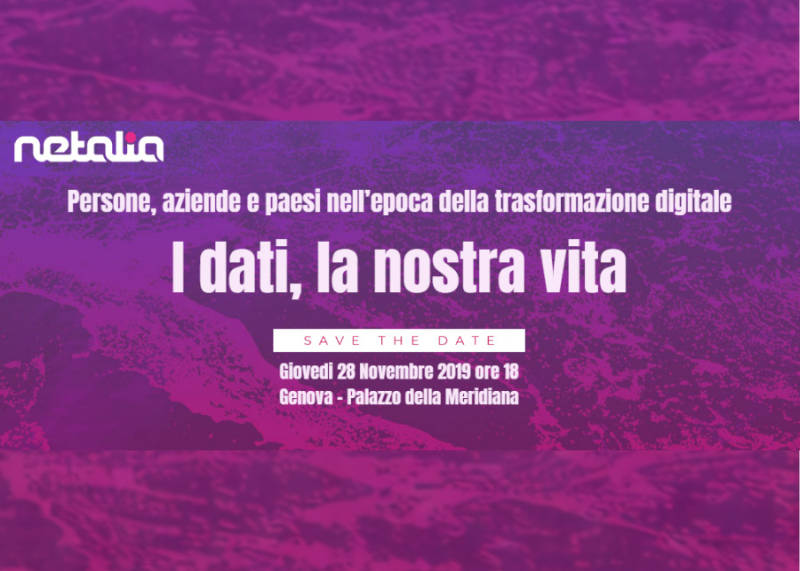Locandina dell’evento “I dati, la nostra vita”, con testo su sfondo grafico viola.
