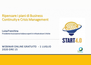 Locandina di webinar START 4.0 su Business Continuity e Crisis Management, con testo informativo e logo.