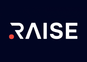 Logo “RAISE” su sfondo scuro con punto rosso.