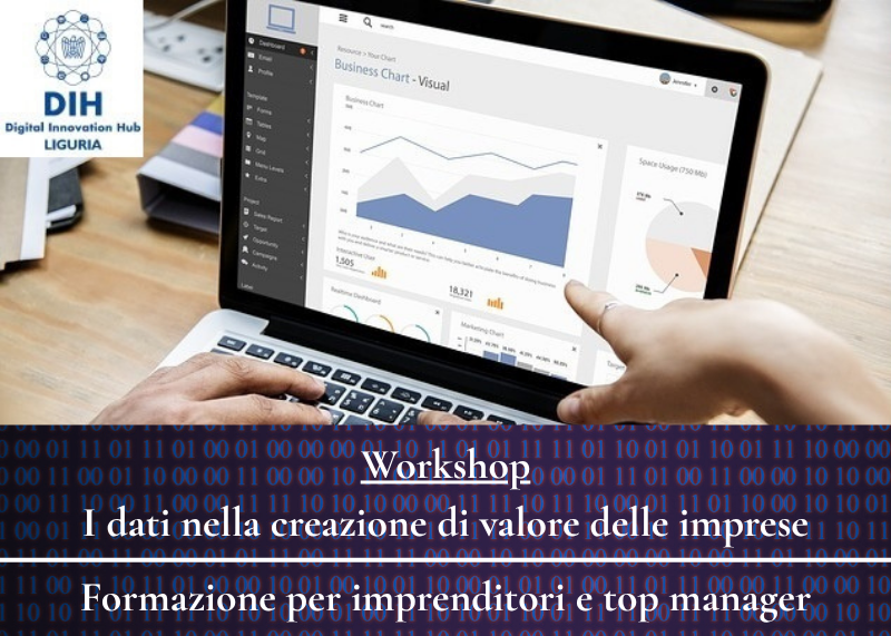 Persona al computer con grafici sullo schermo. Testo su workshop “I dati nella creazione di valore delle imprese” e logo DIH Liguria.