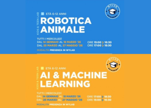 Due locandine di corsi per bambini: robotica animale e AI & machine learning. Sfondo blu e arancione con testo informativo.