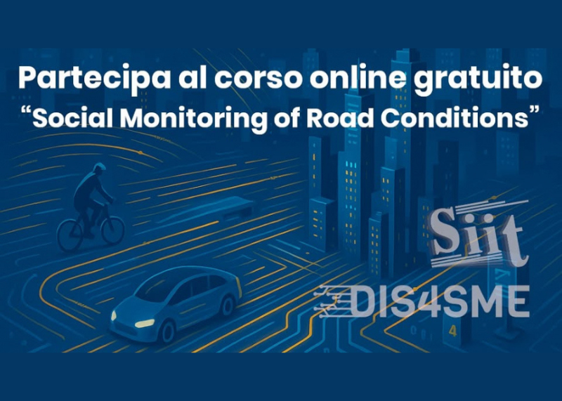 Locandina di corso online su monitoraggio stradale. Sfondo con città stilizzata, auto e ciclista.