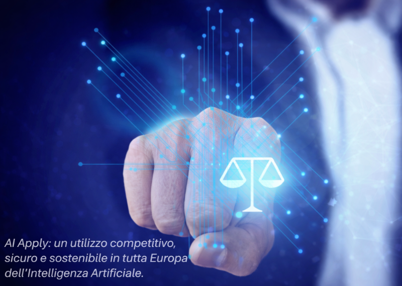 Immagine promozionale sull’IA, con pugno in primo piano, icona della bilancia e breve testo informativo.