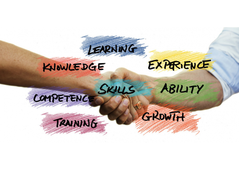Immagine decorativa di una stretta di mano con parole chiave sulle competenze e la formazione.